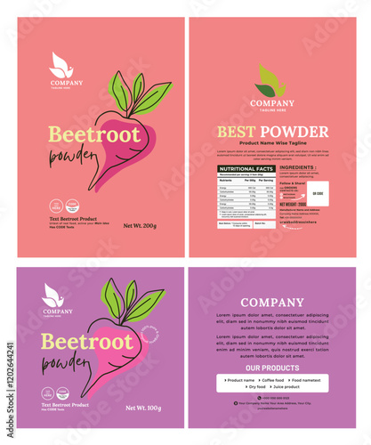 Colorful and modern supplement Beetroot Powder pouch label design with minimal text and nutritional information, perfect for product packaging promotion in the health market.