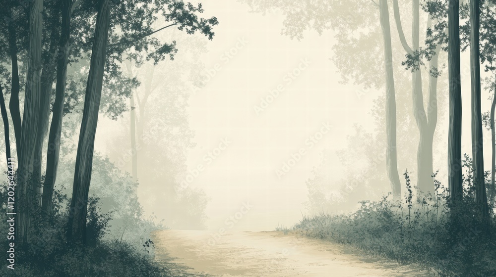Obraz premium Winding forest trail through tall trees in a serene misty morning. Generative AI