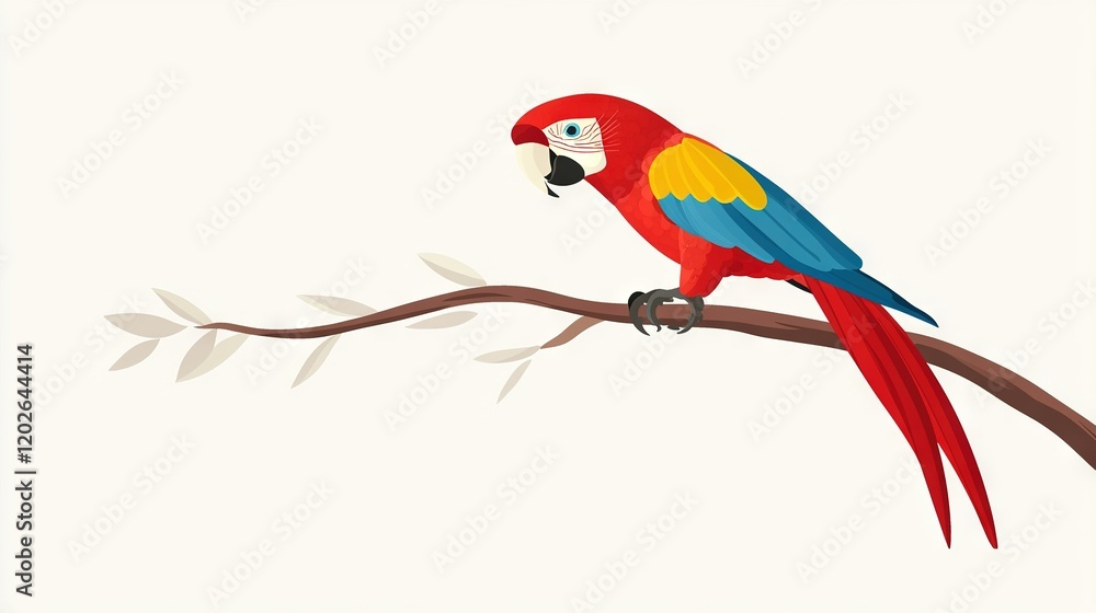 Fototapeta premium Red and yellow parrot on a branch with a branch sprouting in its foreground