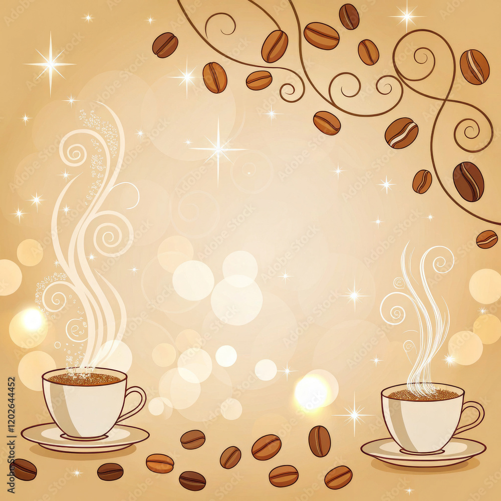 Obraz premium Two Steaming Coffee Cups On Beige Background With Glowing Coffee Beans And Swirling Steam, Ideal For Coffee Shops, Cozy Cafes, Autumn Promotions, Food Blogs, Or Warm Beverage Campaigns.