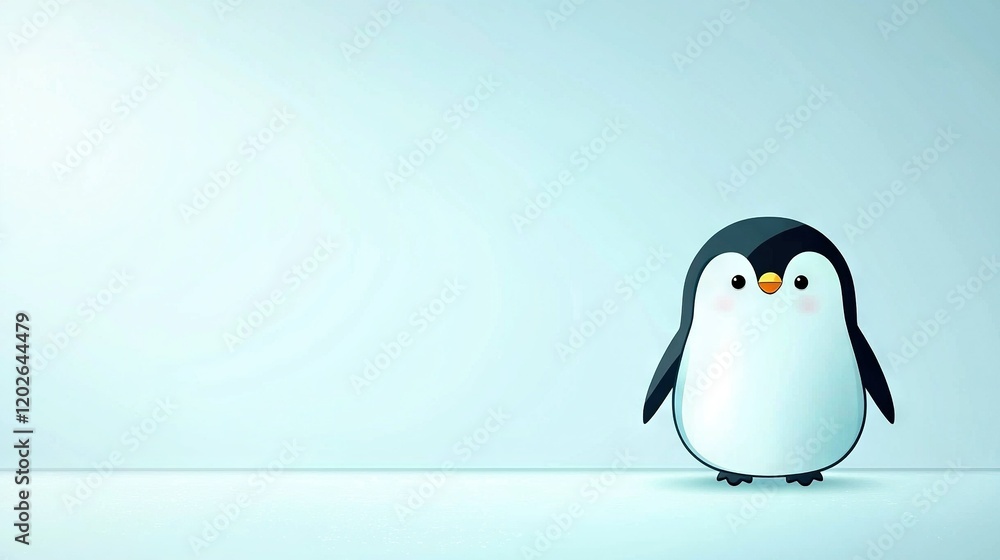 Obraz premium A tiny penguin stands amidst a room's light blue walls and background