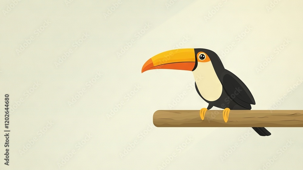 Obraz premium A toucan perched atop a branch, displaying a vibrant yellow beak and striking black and white plumage encircling its neck