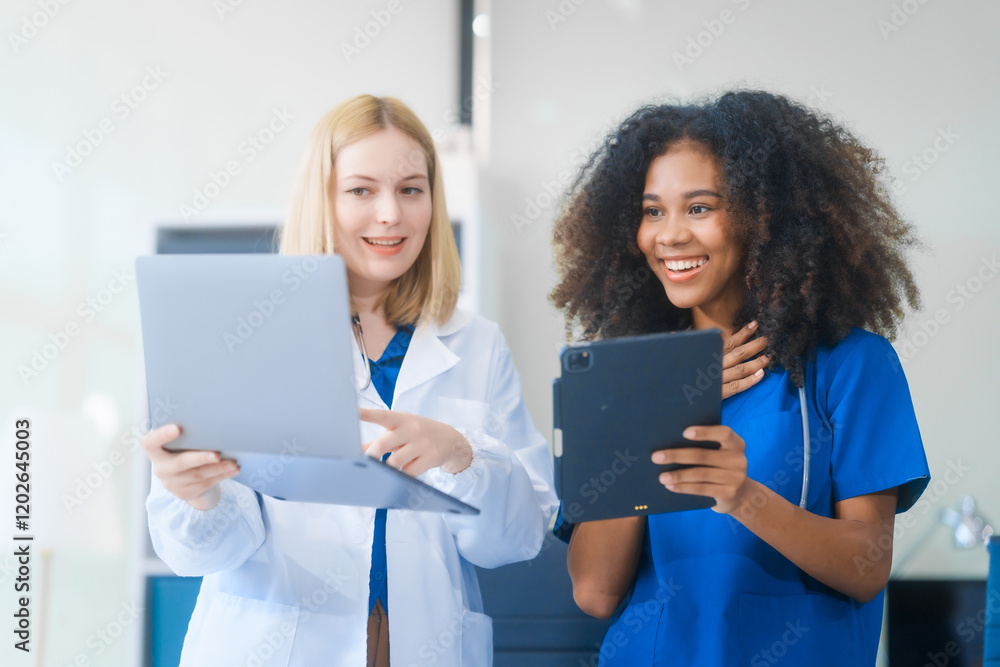 Young African American and Russian woman, both scientists, collaborate to analyze blood samples, viruses, vaccines using microscopes. They conduct crucial medical and biological research. Young African American and Russian woman, both scientists, collaborate to analyze blood samples, viruses, vaccines using microscopes. They conduct crucial medical and biological research.