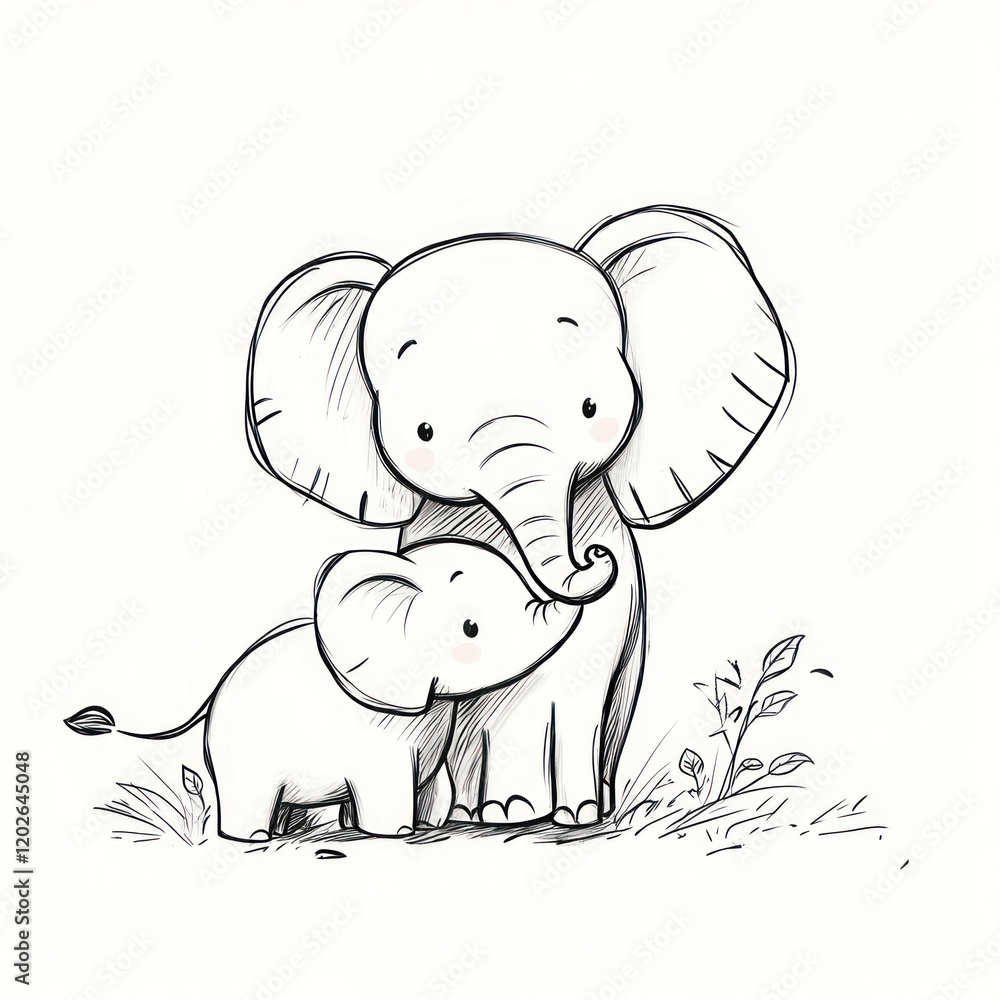 Fototapeta premium Two elephants, one large and one small, standing together, in plain background