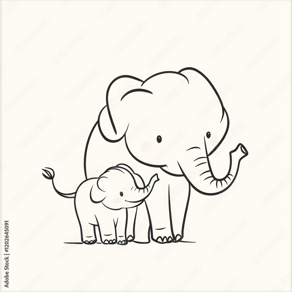 Two elephants, a big and a small, stand together on a plain background, for coloring books Two elephants, a big and a small, stand together on a plain background, for coloring books