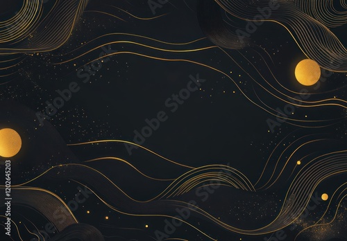 Elegant Golden Waves: Abstract Dark Background with Celestial Circles