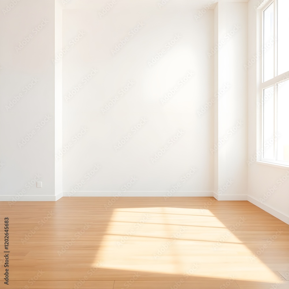 Modern white wall with wooden floor with window light. Abstract background from concrete wall in room. Generative AI Modern white wall with wooden floor with window light. Abstract background from concrete wall in room. Generative AI