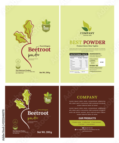 Fresh and modern supplement Beetroot Powder label pouch bag design, combining earthy green and burgundy tones, perfect for organic wellness brands, highlighting typography and nutritional value.