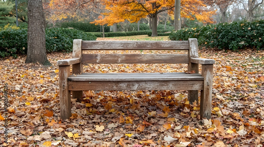 Wooden Park Bench Autumn Leaves Scenic Setting Wooden Park Bench Autumn Leaves Scenic Setting