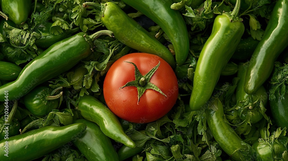 A green pepper sits atop a tomato, with leafy green chilies nearby A green pepper sits atop a tomato, with leafy green chilies nearby