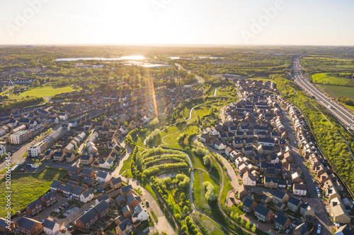 Aerial view of uk home newly built estate development masterplan landscape in England,