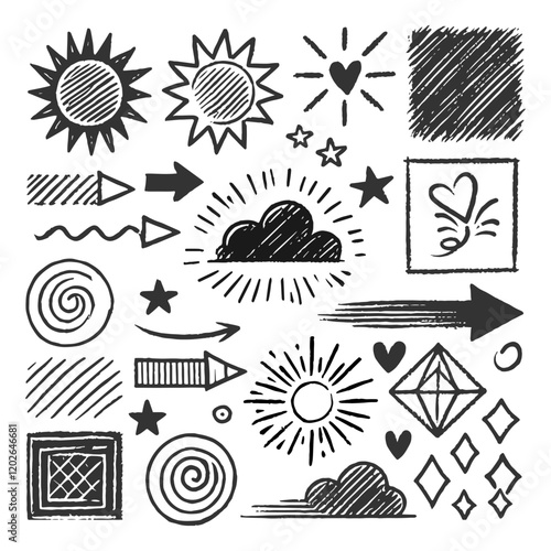 simple doodle creations of suns, arrows and other elements, hand drawn manually on a white background