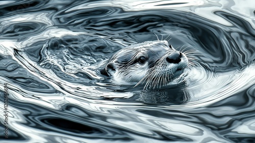   A zoomed-in photo of a sea otter swimming on top of water photo