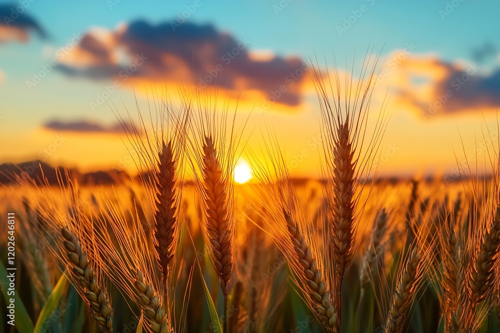 Golden wheat field at sunset with vibrant sky and scenic countryside view : Generative AI Golden wheat field at sunset with vibrant sky and scenic countryside view : Generative AI