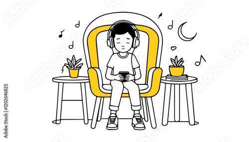 Vector illustration of a boy listening to music in headphones sitting on a chair