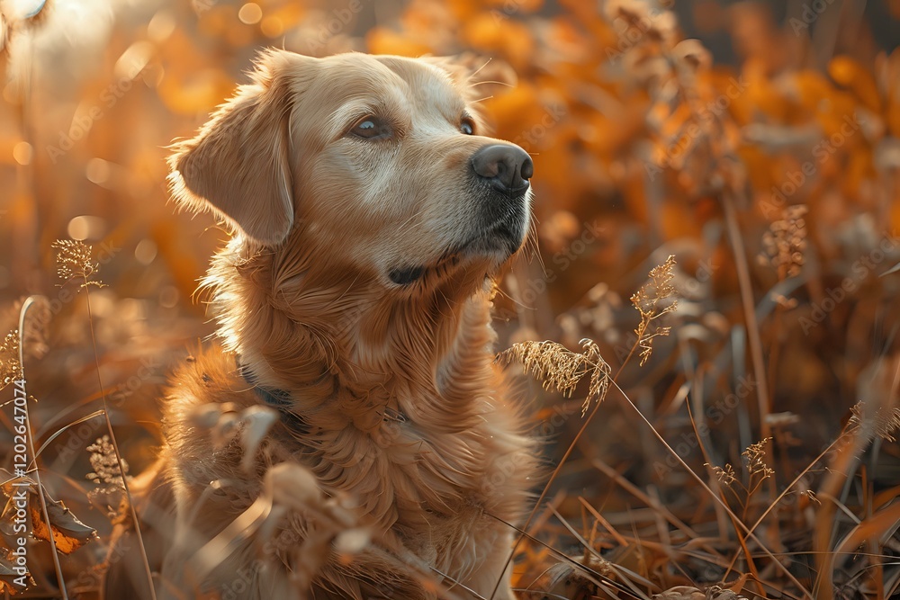 Portrait of golden retriever dog in autumn field at sunset, surrounded by orange grass and bokeh light effects, perfect for pet photography and seasonal themes. Portrait of golden retriever dog in autumn field at sunset, surrounded by orange grass and bokeh light effects, perfect for pet photography and seasonal themes.