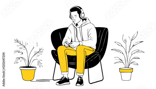 Vector illustration of a man listening to music in headphones and sitting in a chair.