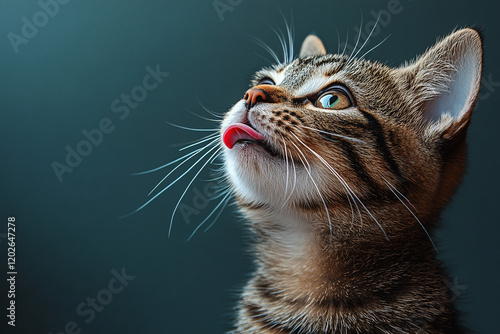 Curious Cat Looking Up with Tongue Out on Blue Background