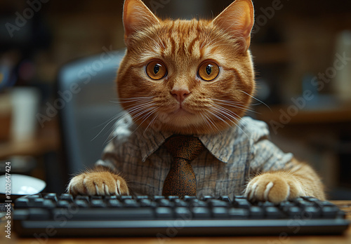 Ginger cat in a plaid shirt and tie, sitting attentively at a keyboard in a workspace