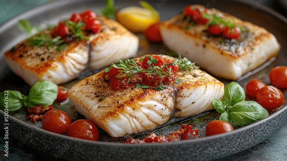 Grilled fish fillets with cherry tomatoes and fresh basil Grilled fish fillets with cherry tomatoes and fresh basil