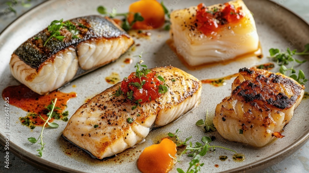 Gourmet grilled fish fillets with herbs and artistic plating Gourmet grilled fish fillets with herbs and artistic plating