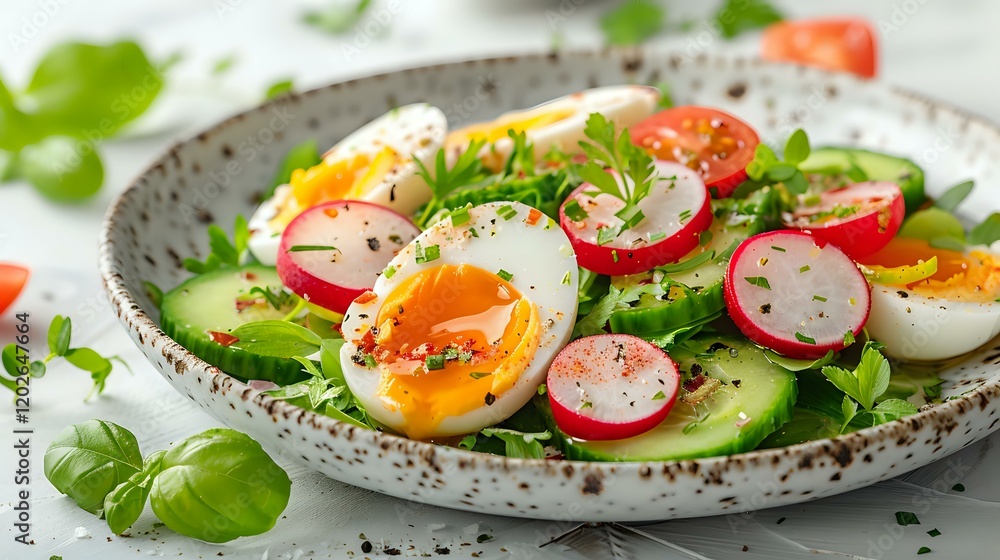 Fresh spring salad with soft-boiled eggs, sliced radishes, cucumber and microgreens served on ceramic plate. Healthy breakfast or light lunch meal with seasonal vegetables. Fresh spring salad with soft-boiled eggs, sliced radishes, cucumber and microgreens served on ceramic plate. Healthy breakfast or light lunch meal with seasonal vegetables.