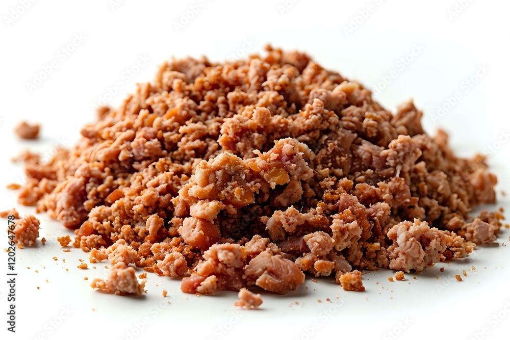 Fresh cooked and crumbled ground meat on white background, close-up view perfect for cooking, recipe, and food service industry designs and presentations. Fresh cooked and crumbled ground meat on white background, close-up view perfect for cooking, recipe, and food service industry designs and presentations.