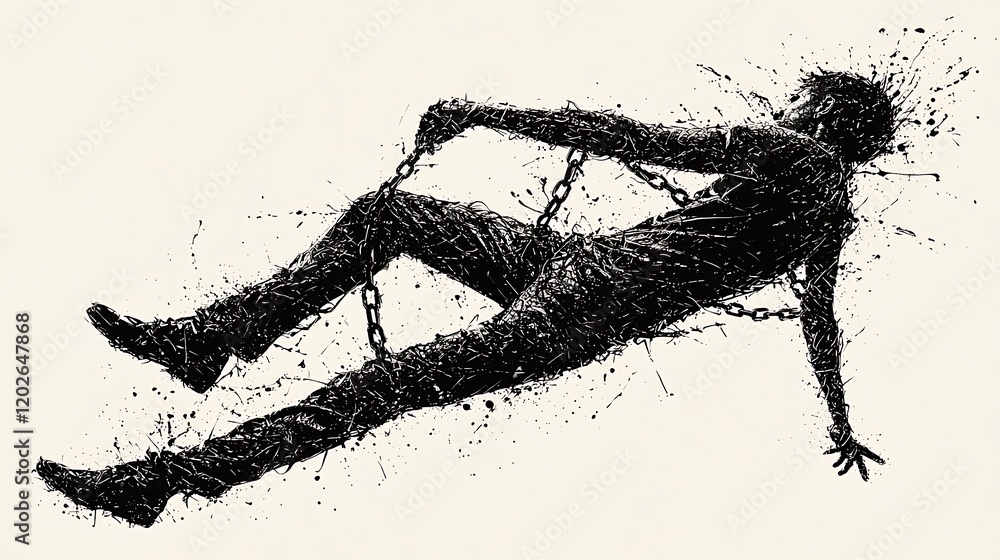Fototapeta premium Chained man falling; despair, struggle, freedom concept; background texture