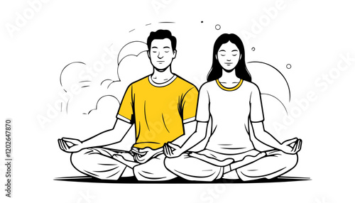 Man and woman meditating in lotus position, vector illustration.