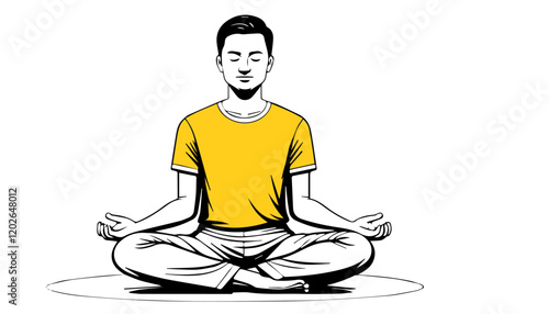 Man meditating in lotus pose on white background. Vector illustration.