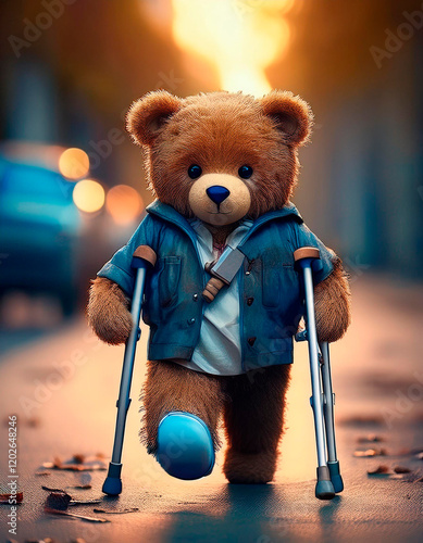 Injured teddy bear with his leg bandaged, using crutches. Disability Day. photo