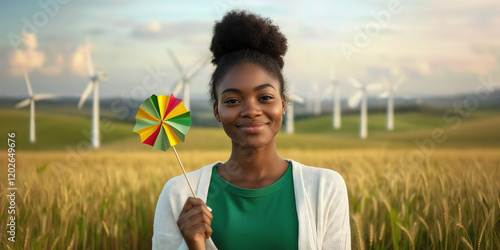 Fototapeta Naklejka Na Ścianę i Meble -  Smiling woman holding colorful pinwheel with wind turbines in background, promoting clean energy and environmental awareness