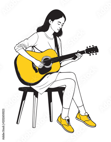 Young woman playing the guitar. Isolated on white background. Vector illustration.