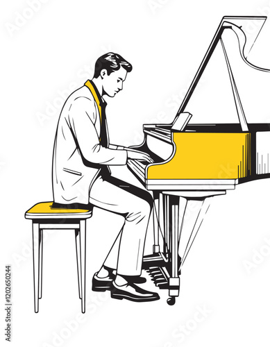 pianist playing grand piano icon over white background, vector illustration