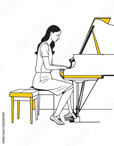 Illustration of a woman playing the grand piano on a white background