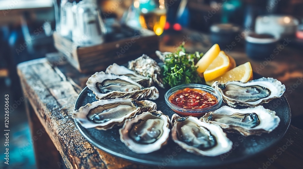 Oysters on plate, restaurant setting, seafood dish, rustic table Oysters on plate, restaurant setting, seafood dish, rustic table
