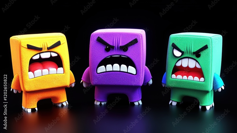 Obraz premium Three Angry Colorful Cubical Monsters 3D Render Cartoon Characters Studio Lighting