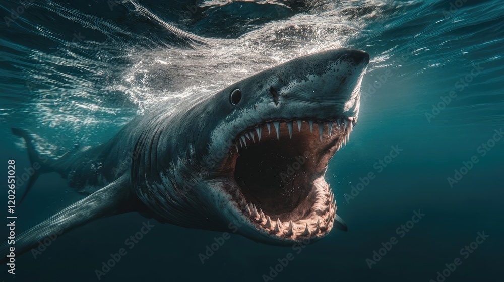 Obraz premium Ferocious Great White Shark Underwater, Jaws Agape