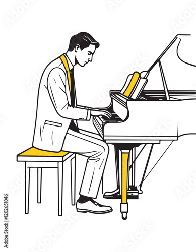 Pianist playing on a grand piano, sketch vector illustration.
