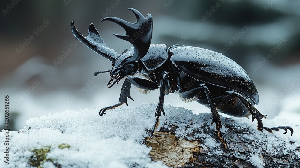 A close-up of a beetle on a wooden board surrounded by snow and tall trees in the background A close-up of a beetle on a wooden board surrounded by snow and tall trees in the background