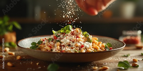 Pasta dish, sprinkling seasoning, kitchen background, gourmet food, close-up photo