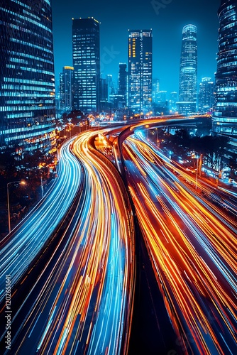 Nighttime urban cityscape with swirling illuminated highway lights : Generative AI