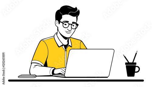 Vector illustration of a young man working on a laptop in the office, notion style