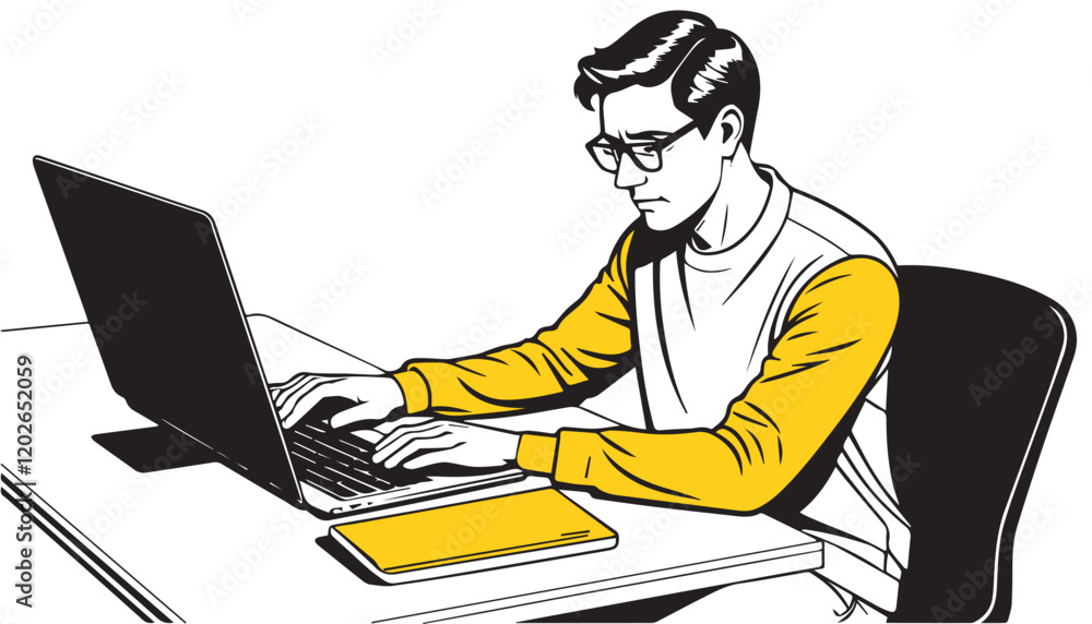 notion style illustration, Young man working on a laptop at home. Vector illustration in a flat style. notion style illustration, Young man working on a laptop at home. Vector illustration in a flat style.