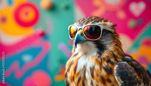 Cool Hawk: Vibrant Portrait with Sunglasses against Colorful Background photo