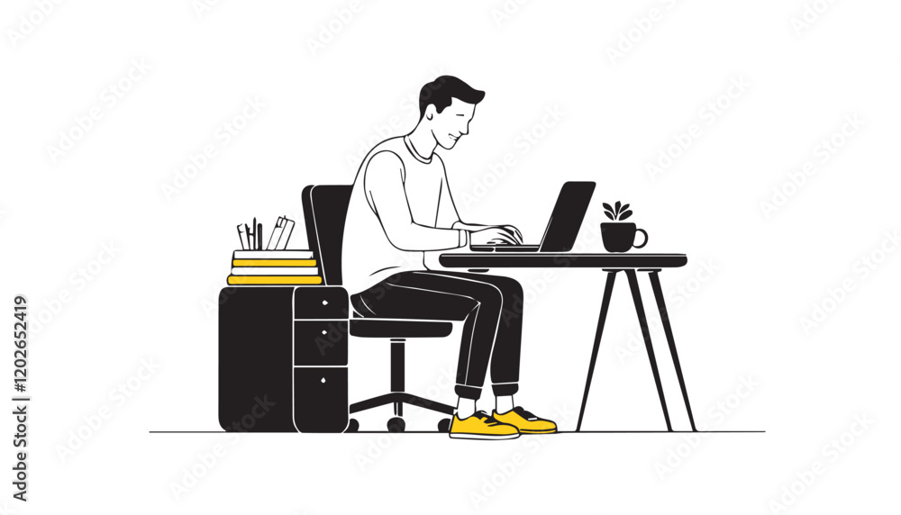 Freelance man working at the computer. Flat vector illustration. Freelance man working at the computer. Flat vector illustration.