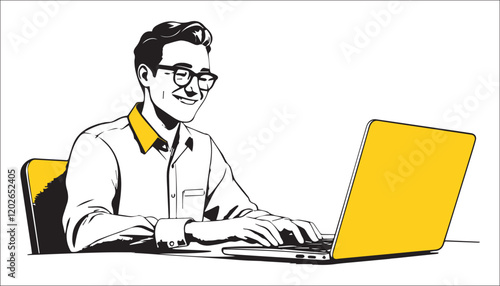 Vector illustration of a man working with a laptop in the office.