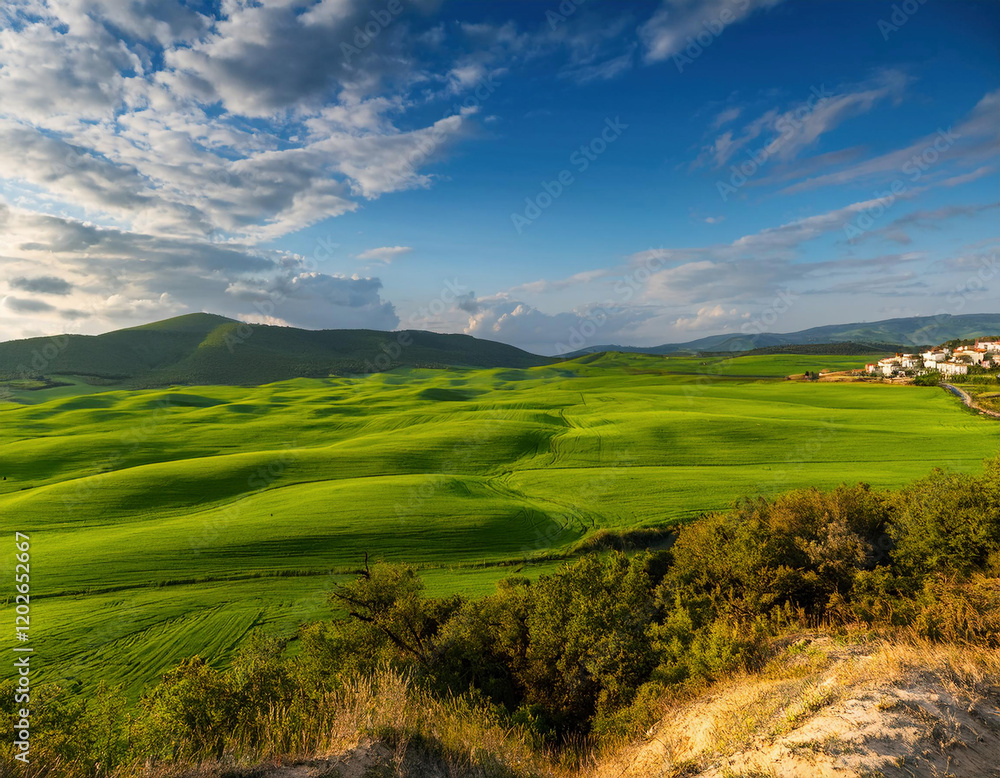 Rolling green hills stretch across a picturesque Tuscan landscape under a dramatic blue sky with scattered white clouds. Rolling green hills stretch across a picturesque Tuscan landscape under a dramatic blue sky with scattered white clouds.