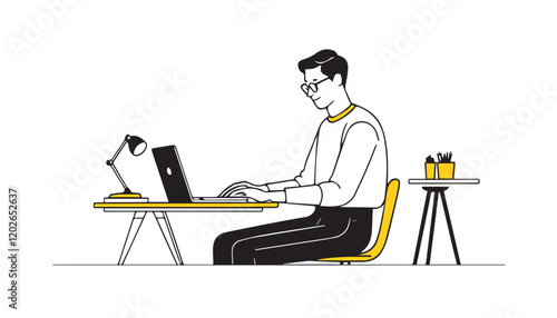 Young man working at the computer. Vector illustration in cartoon style.