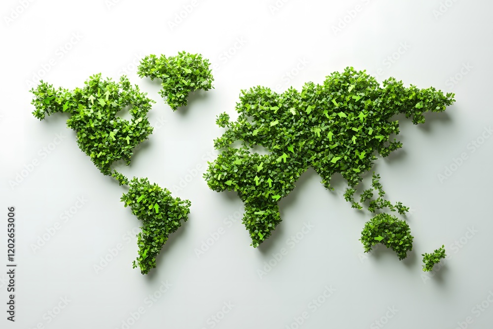 A map of the world with green arrows representing sustainable practices surrounded by a white background with copy space